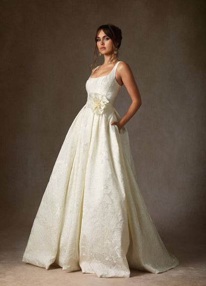 Antique White Ball-Gown with Pockets Floral Jacquard Dress