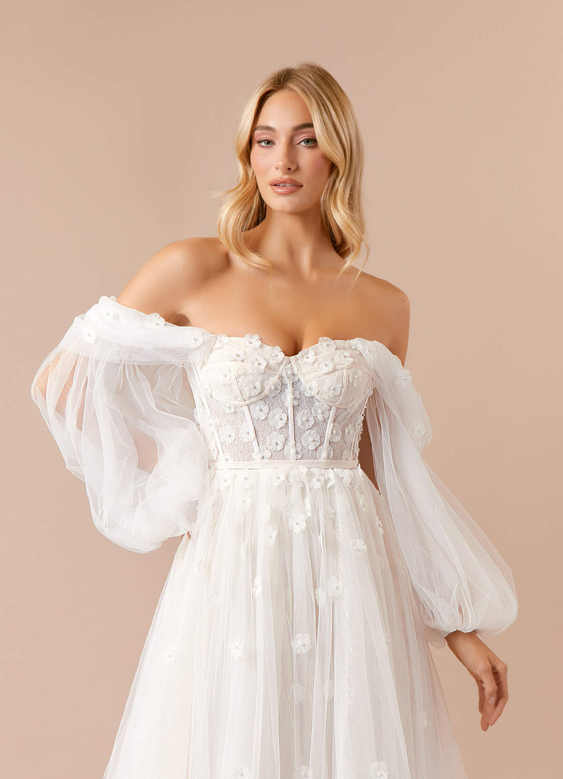 Diamond White Champagne A-Line Off the Shoulder Tulle Dress