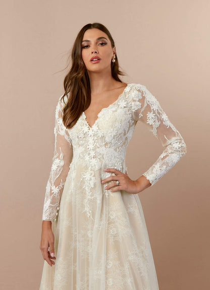 Diamond White Champagne A-Line V-Neck Sequins Tulle Dress