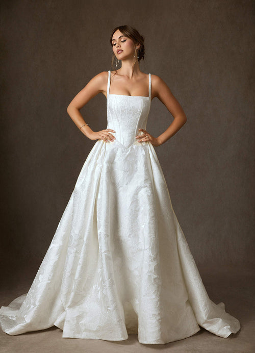 Diamond White Ball-Gown with Pockets Floral Jacquard Dress