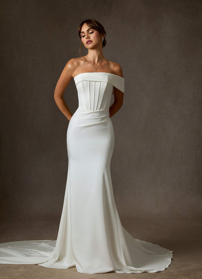 Diamond White Mermaid Off the Shoulder Crepe Back Satin Dress