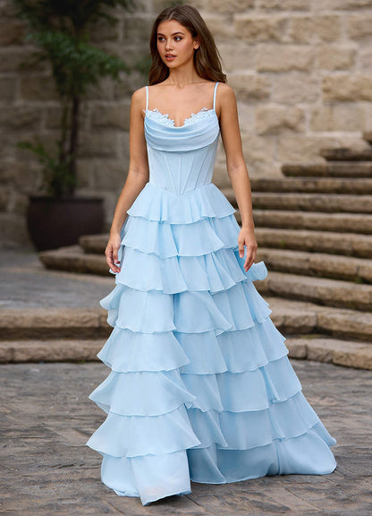 Floralace Sky Blue Ruffled A-Line Prom Dress