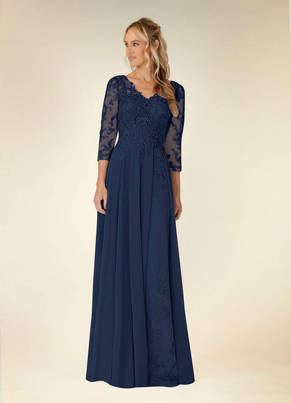 Dark Navy A-Line V-Neck Lace Chiffon Dress