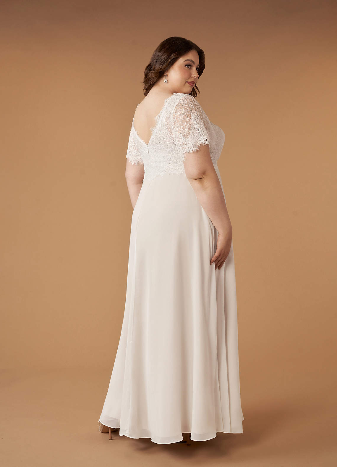 Diamond White Champagne A-Line V-Neck lace Chiffon Dress
