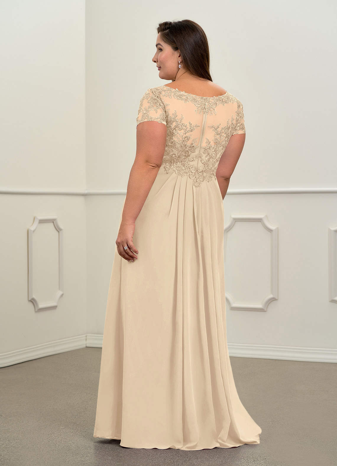 Champagne A-Line V-Neck Lace Chiffon Dress