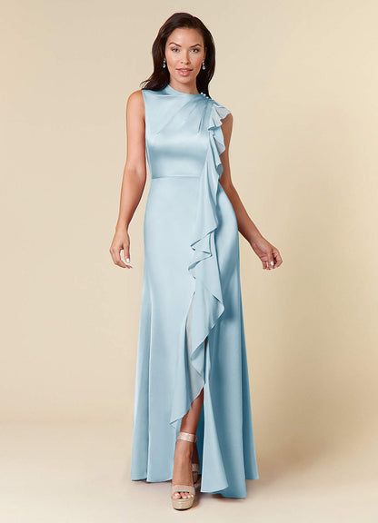 Sky Blue A-Line High Neckline Pleated Stretch Satin Dress