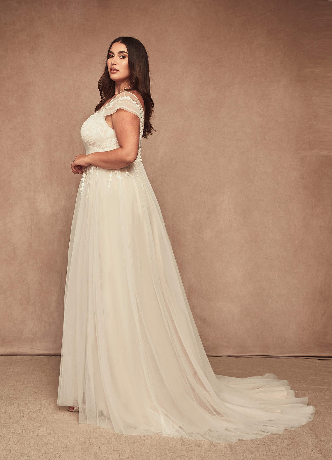 Diamond White Champagne A-Line V-Neck Tulle Dress