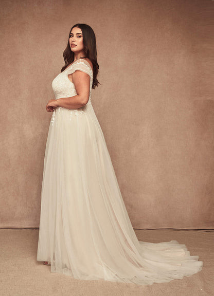 Diamond White Champagne A-Line V-Neck Tulle Dress