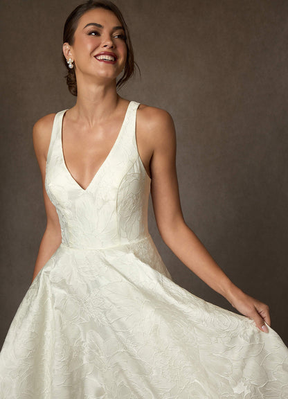 Antique White Ball-Gown Strap Floral Jacquard Dress