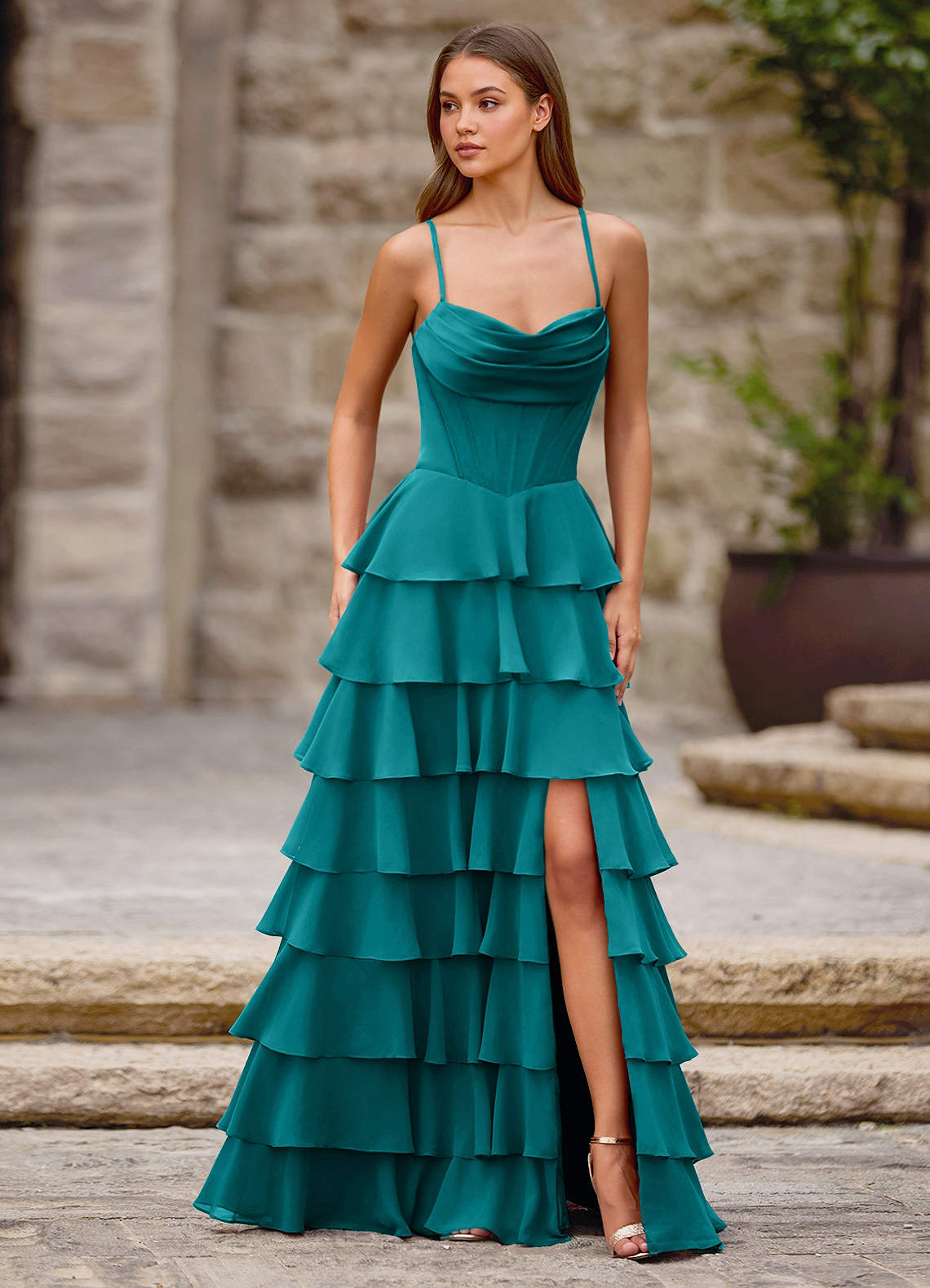Rhythm Peacock Ruffled A-Line Prom Dress