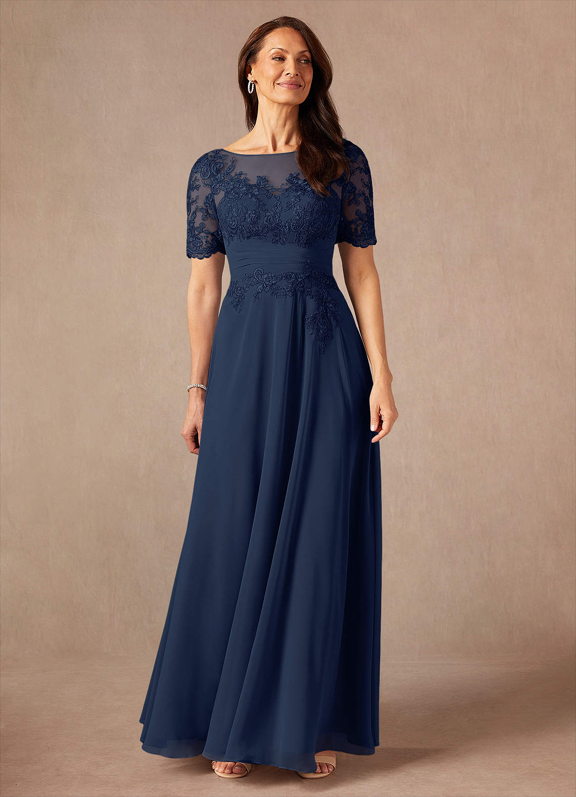 Dark Navy A-Line Lace Chiffon Dress