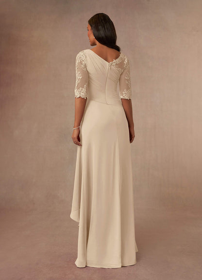 Champagne A-Line Boatneck Lace Chiffon Dress