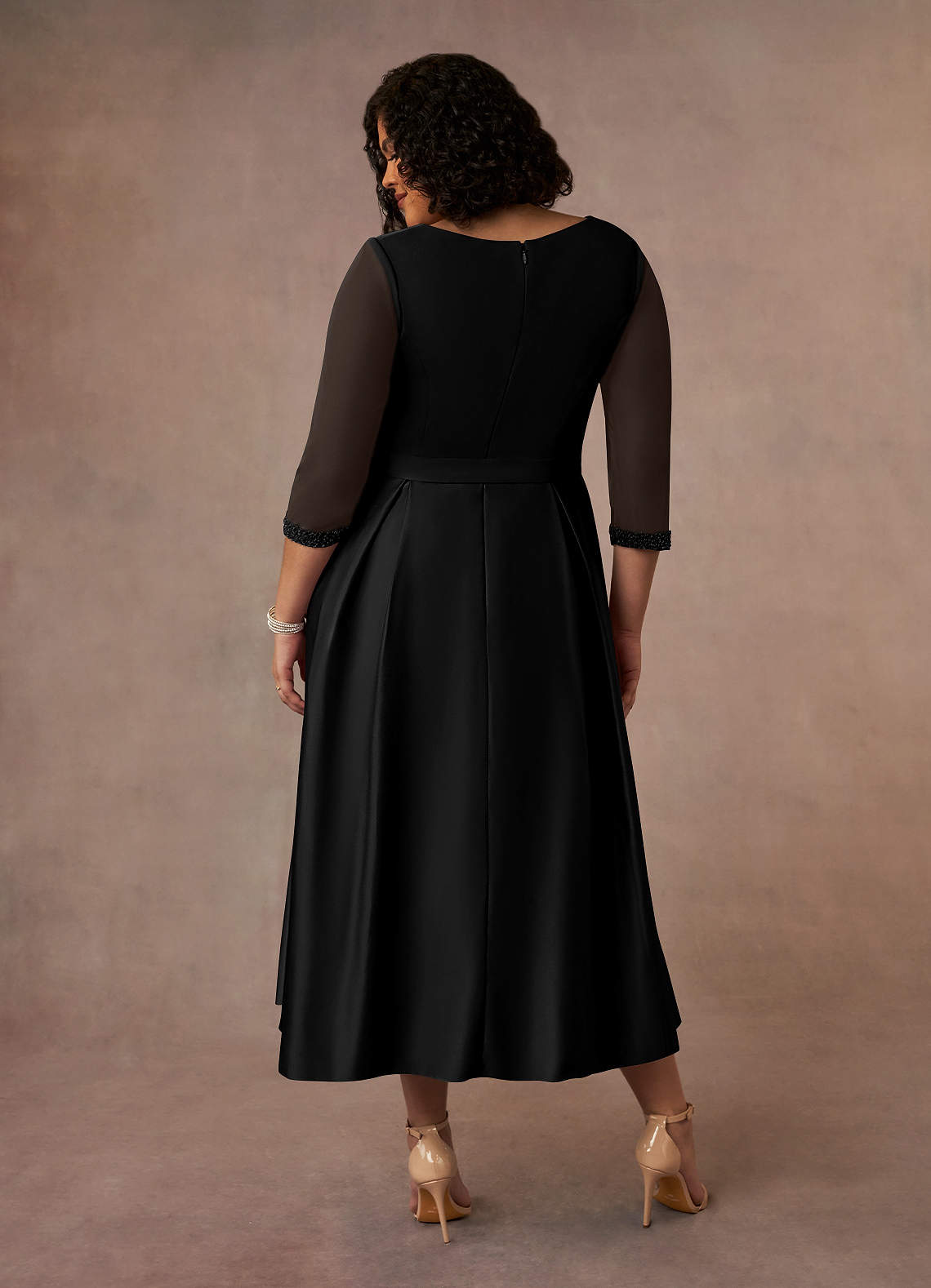 Black A-Line Pleated Matte Satin Dress