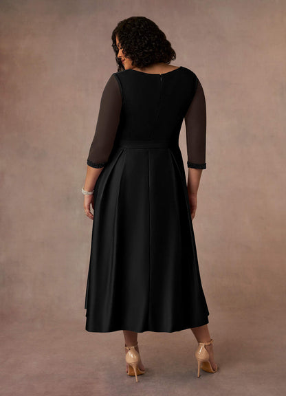 Black A-Line Pleated Matte Satin Dress