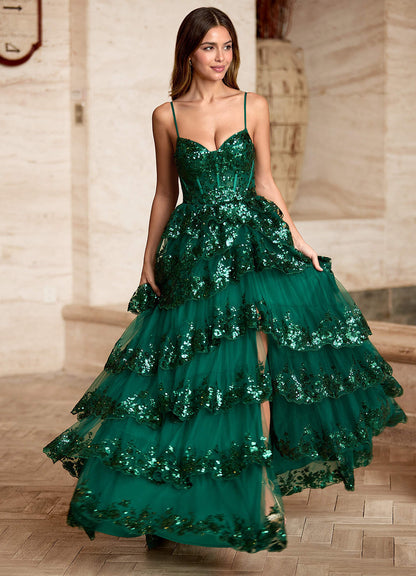 Tindra Green Sequins Ruffles Prom Dress  Dress