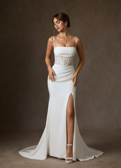 Diamond White Nude Mermaid Off the Shoulder Crepe Back Satin Dress