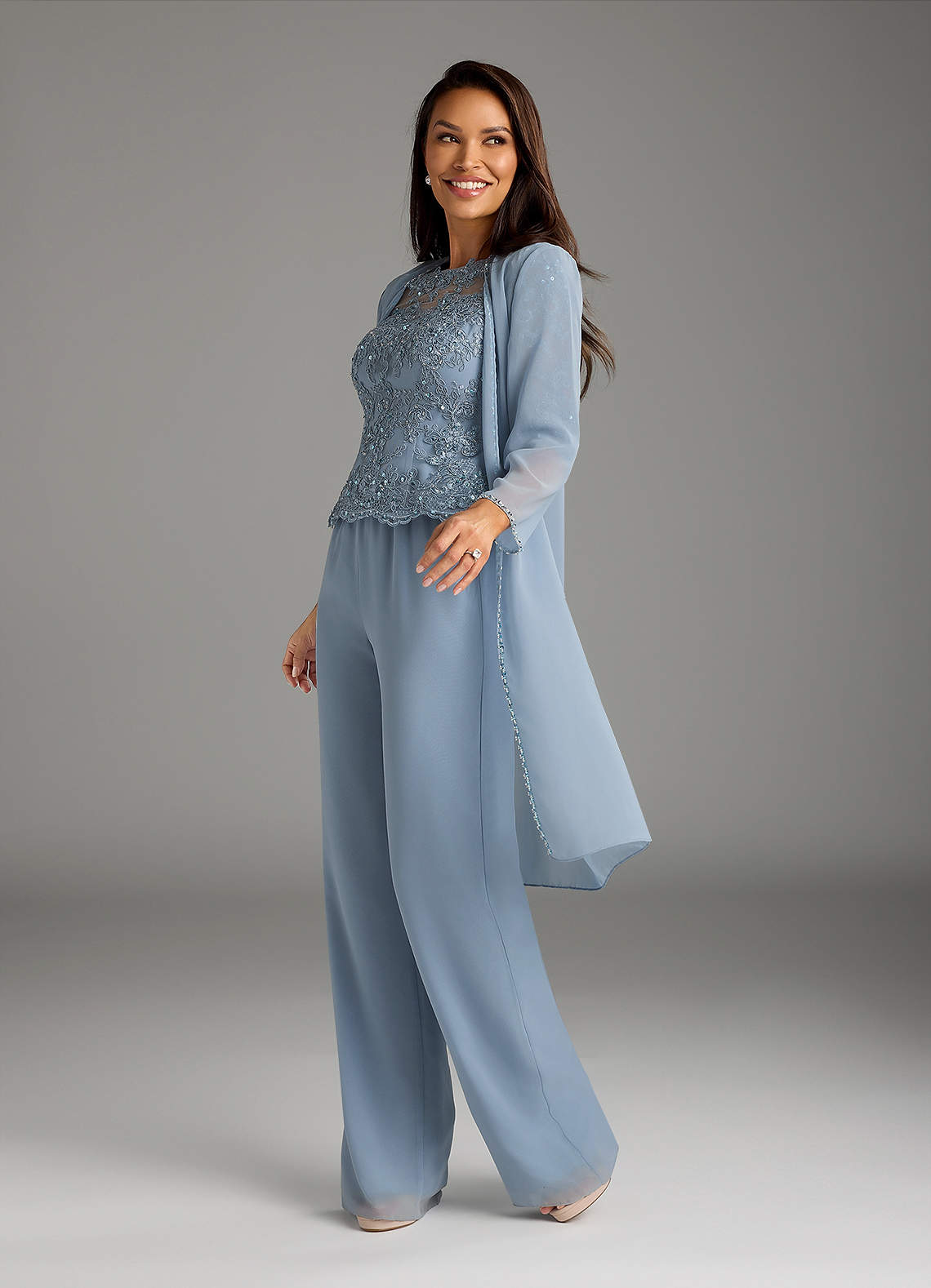 Dusty Blue Jumpsuit/Pantsuit Sequins Chiffon Dress