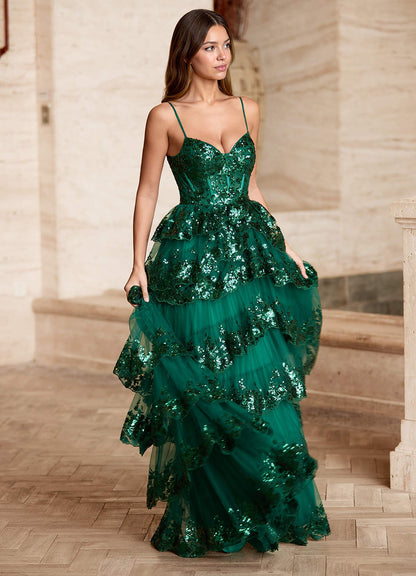 Tindra Green Sequins Ruffles Prom Dress  Dress