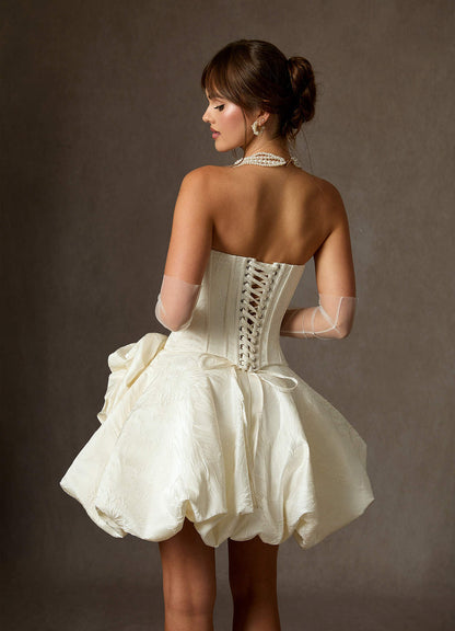 Antique White Ball-Gown Strapless Floral Jacquard Dress