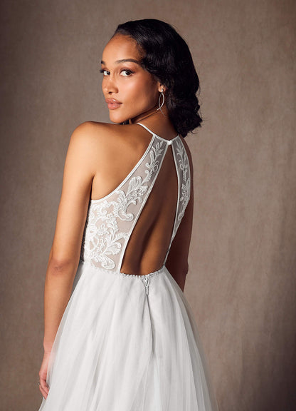 Diamond White A-Line Halter Sequins Tulle Dress