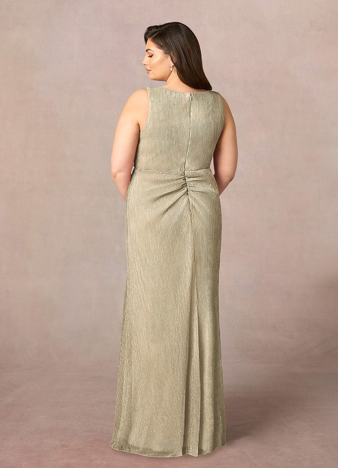 Champagne Gold A-Line Ruched Metallic Mesh Dress