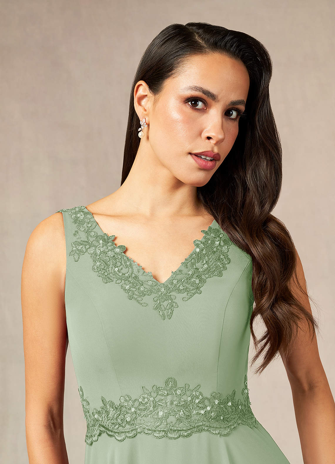 Dusty Sage A-Line Sequins Chiffon Dress