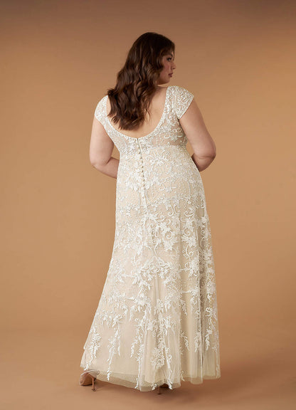 Diamond White Champagne Sheath V-Neck Sequins Lace Dress