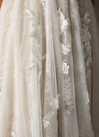Diamond White Champagne A-Line Lace Tulle Dress