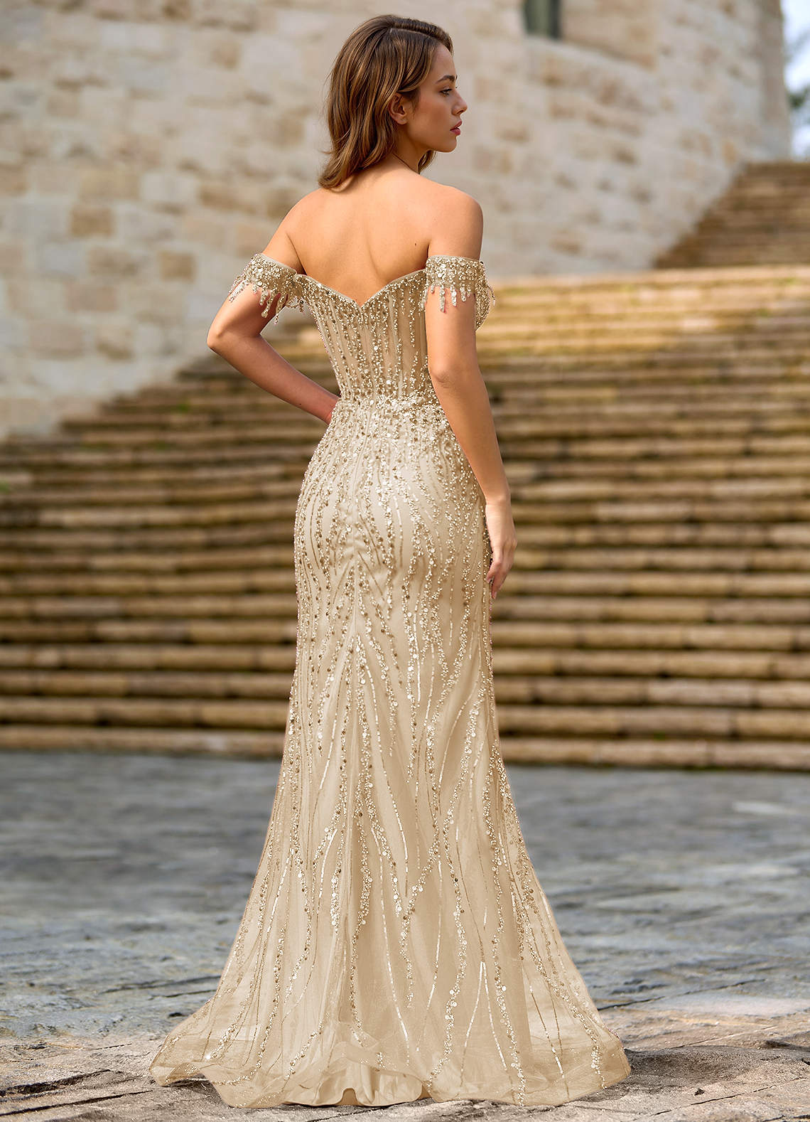 Zinanam Champagne A-Line 3D Flowers Prom Dress
