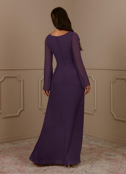 Plum A-Line V-Neck Pleated Chiffon Dress