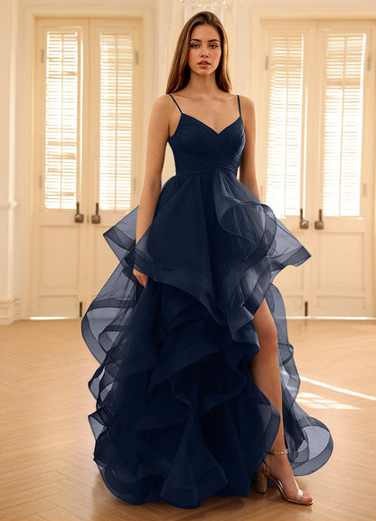 Carmencita Navy A-Line Ruffles Prom Dress