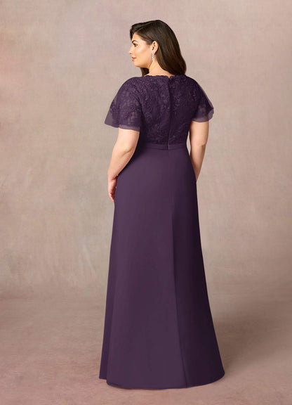 Plum A-Line V-Neck Lace Chiffon Dress