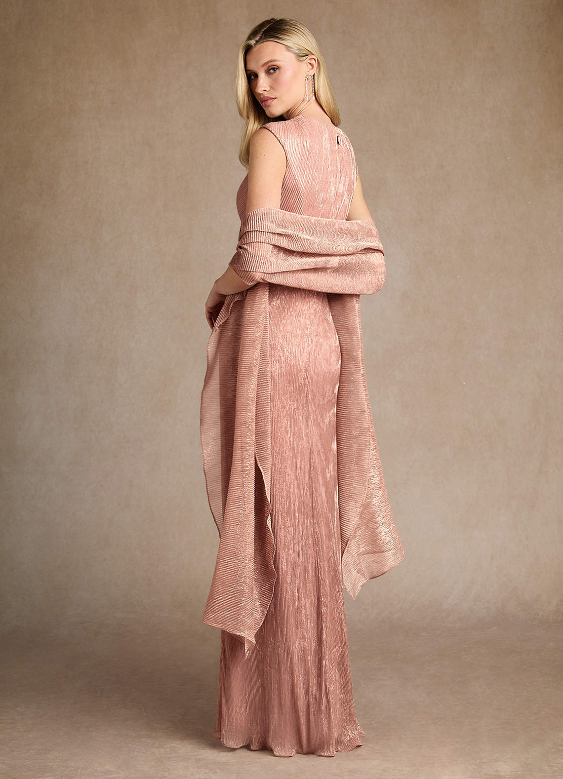 Rose Gold A-Line Pleated Metallic Mesh Dress