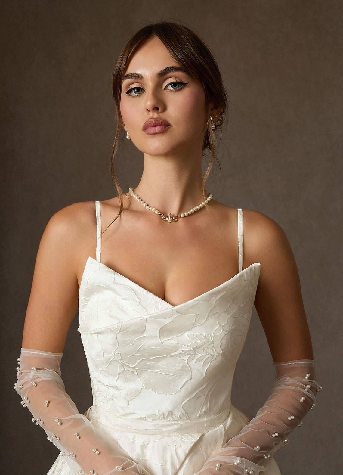 Antique White Ball-Gown Strapless Floral Jacquard Dress