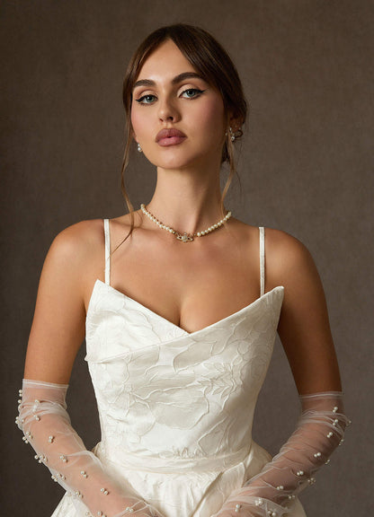 Antique White Ball-Gown Strapless Floral Jacquard Dress