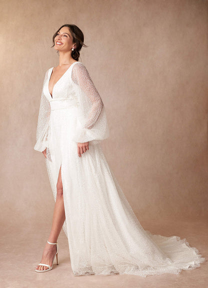 Diamond White A-Line V-Neck Beading Dress