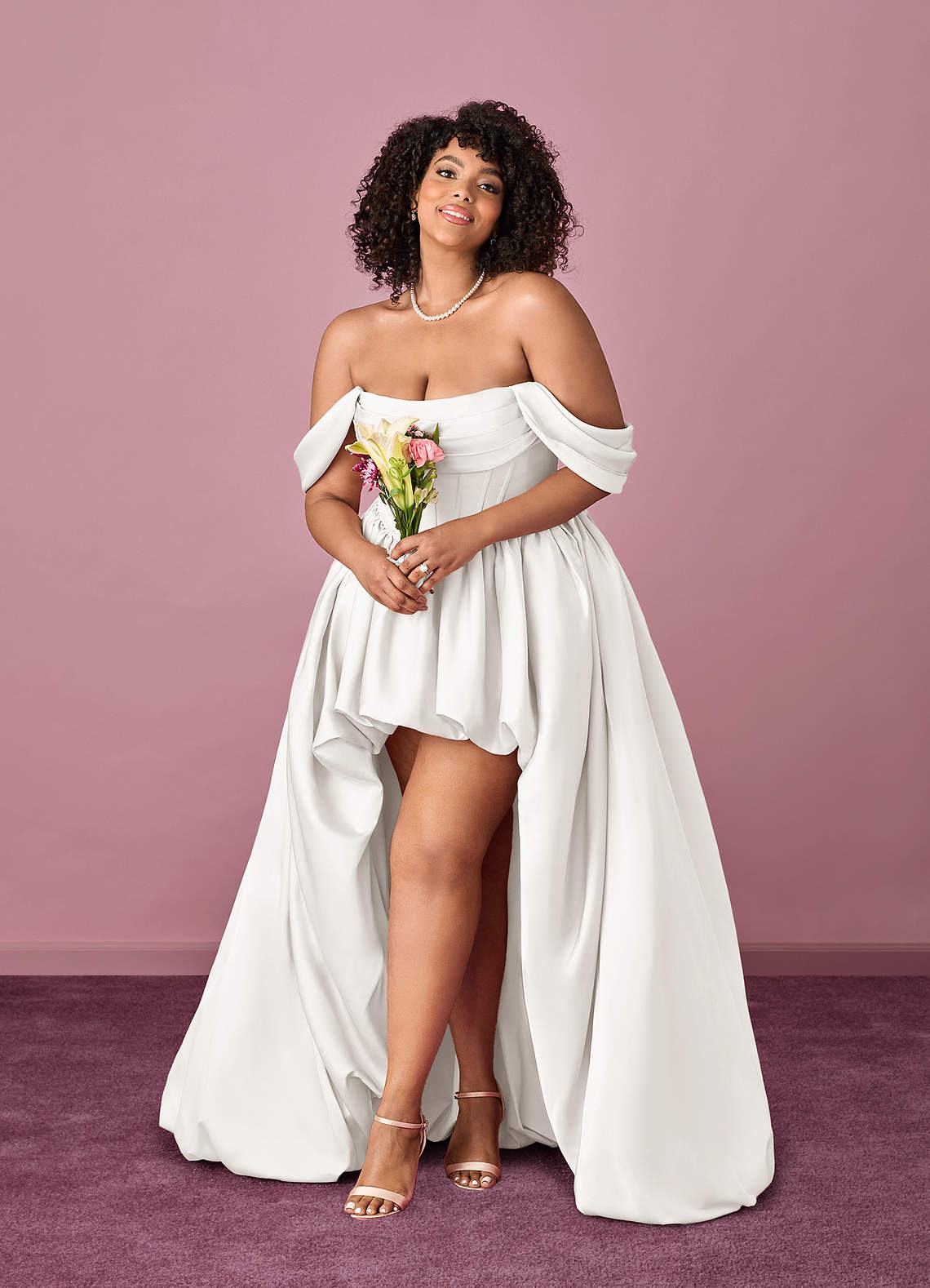 Diamond White Ball-Gown Off the Shoulder Stretch Satin Dress Diamond White