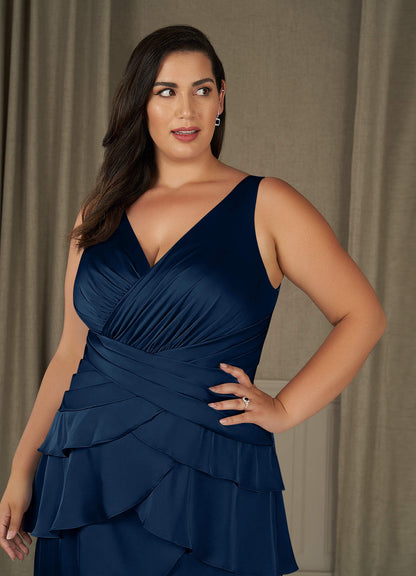 Dark Navy A-Line Pleated Stretch Satin Dress