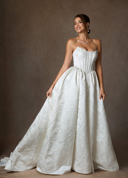 Diamond White Ball-Gown Strapless Floral Jacquard Dress