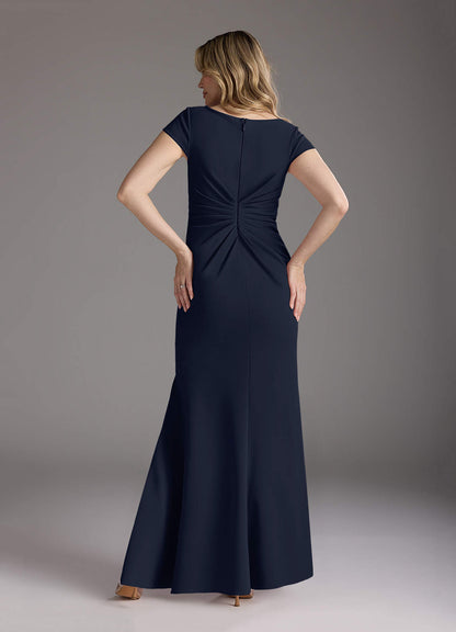 Dark Navy Mermaid V-Neck Pleated Stretch Crepe Dress