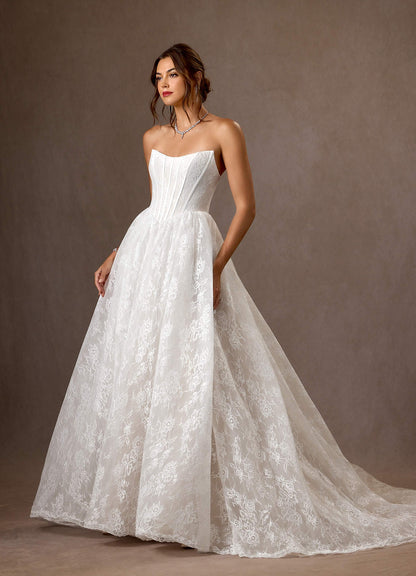 Diamond White Ball-Gown Strapless Lace Dress