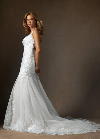 Diamond White Mermaid V-Neck Sequins Tulle Dress