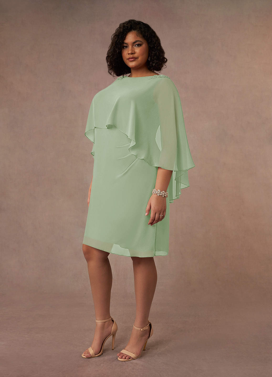 Dusty Sage Sheath Scoop Pleated Chiffon Dress