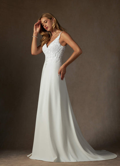 Diamond White A-Line V-Neck Sequins Stretch Crepe Dress
