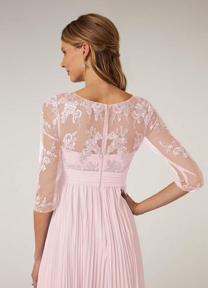 Blushing Pink A-Line Boatneck Lace Chiffon Dress