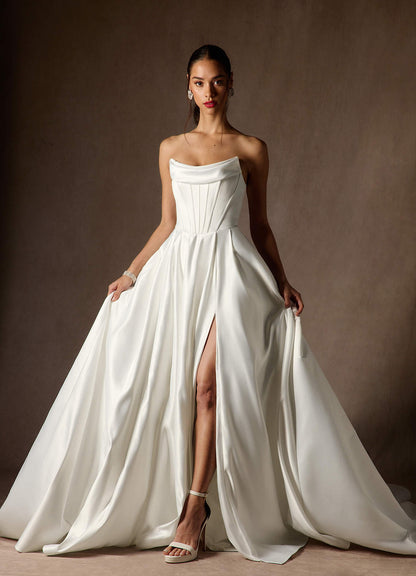 Diamond White Ball-Gown Strapless Satin Dress