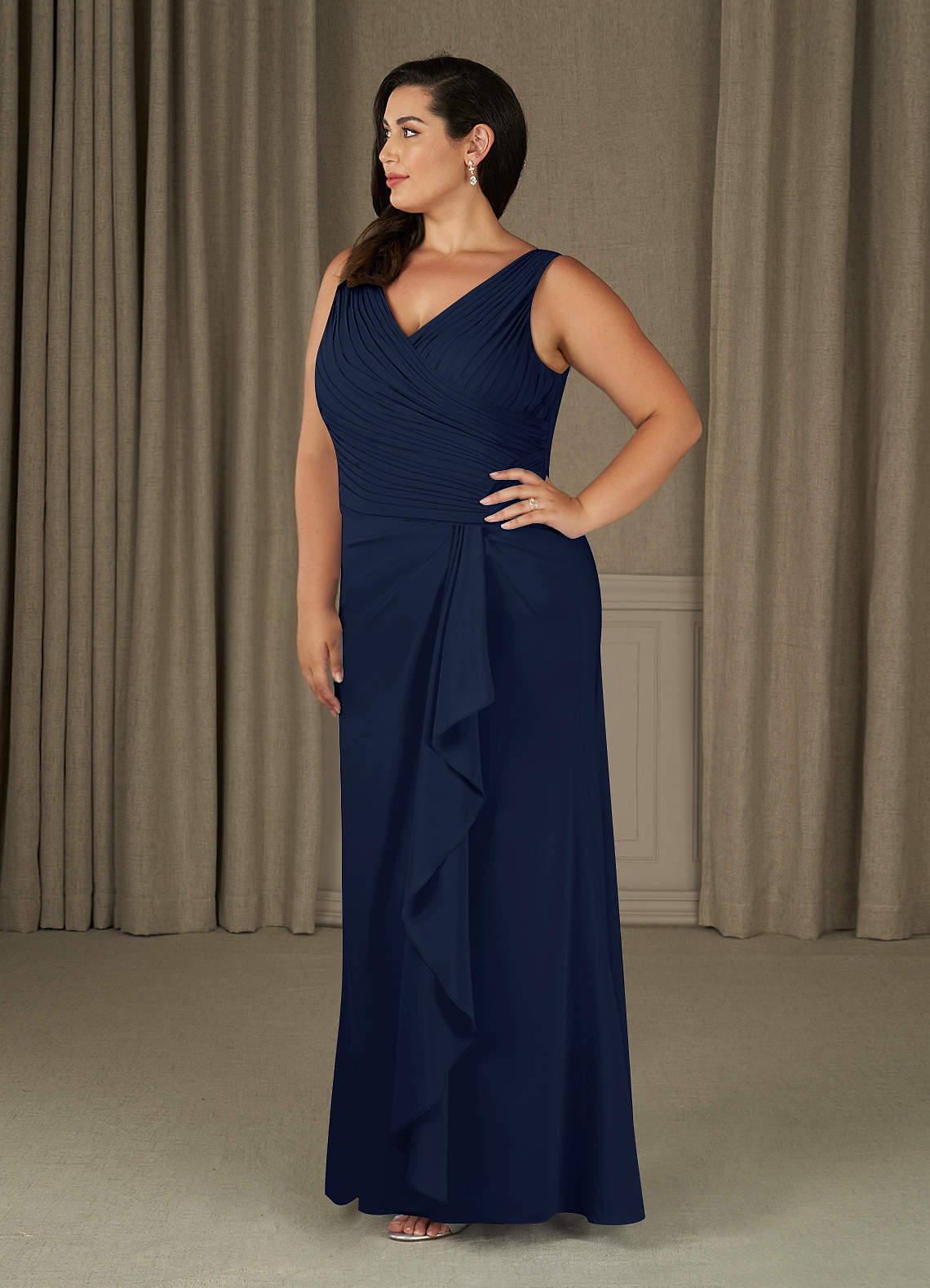 Dark Navy A-Line Pleated Stretch Chiffon Dress