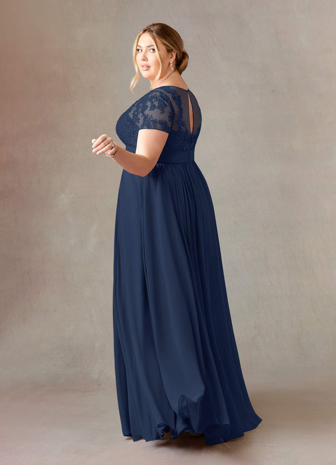 Dark Navy A-Line Lace Chiffon Dress