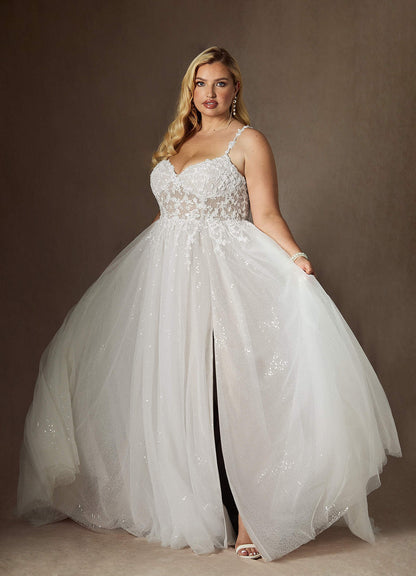 Diamond White A-Line V-Neck Sequins Tulle Dress