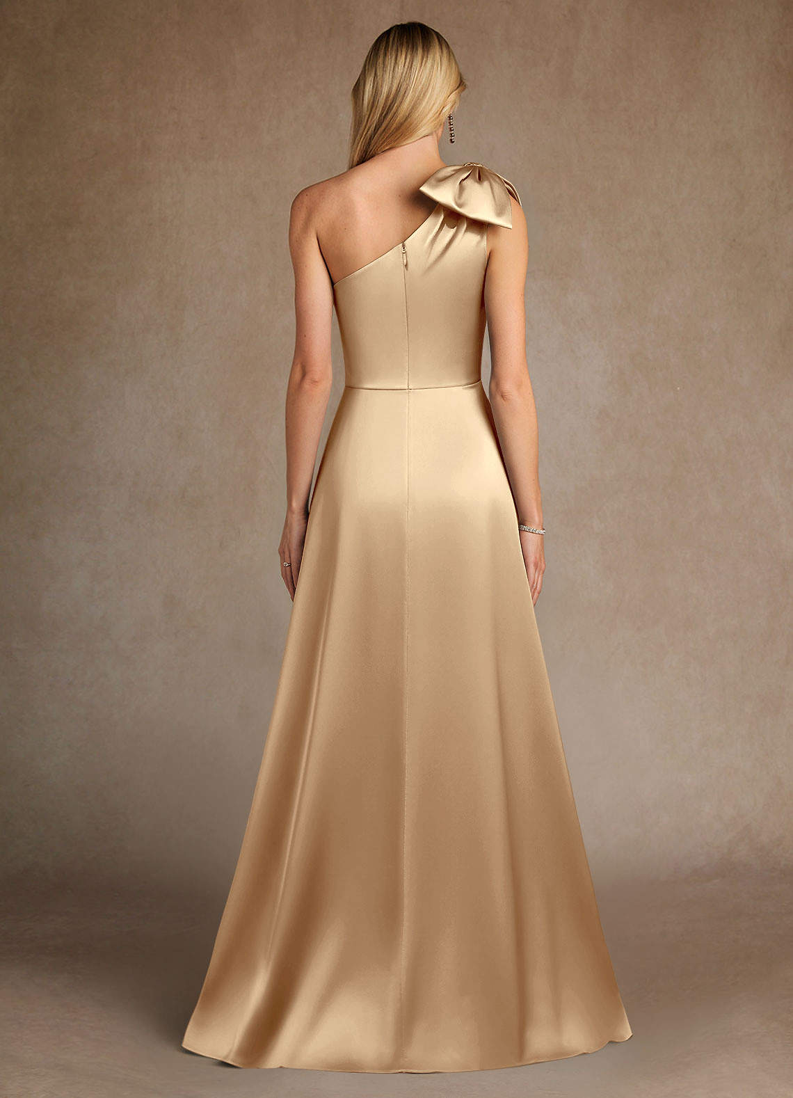 Champagne A-Line One Shoulder Stretch Satin Dress